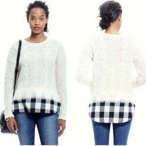 Madewell Wintermix Merino Wool cable Knit sweater with Plaid bottom S